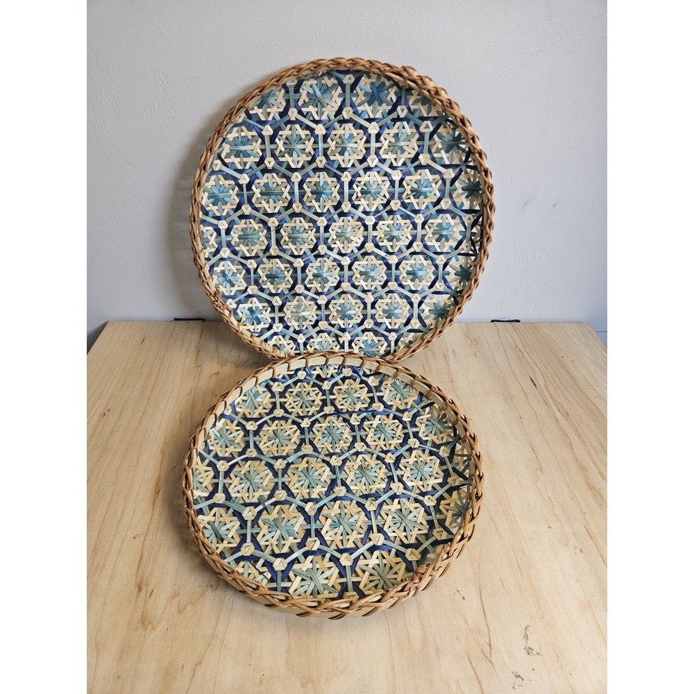 Set of 2 Round Woven Rattan Trays Blue Boho Wall Baskets 12" 10"
